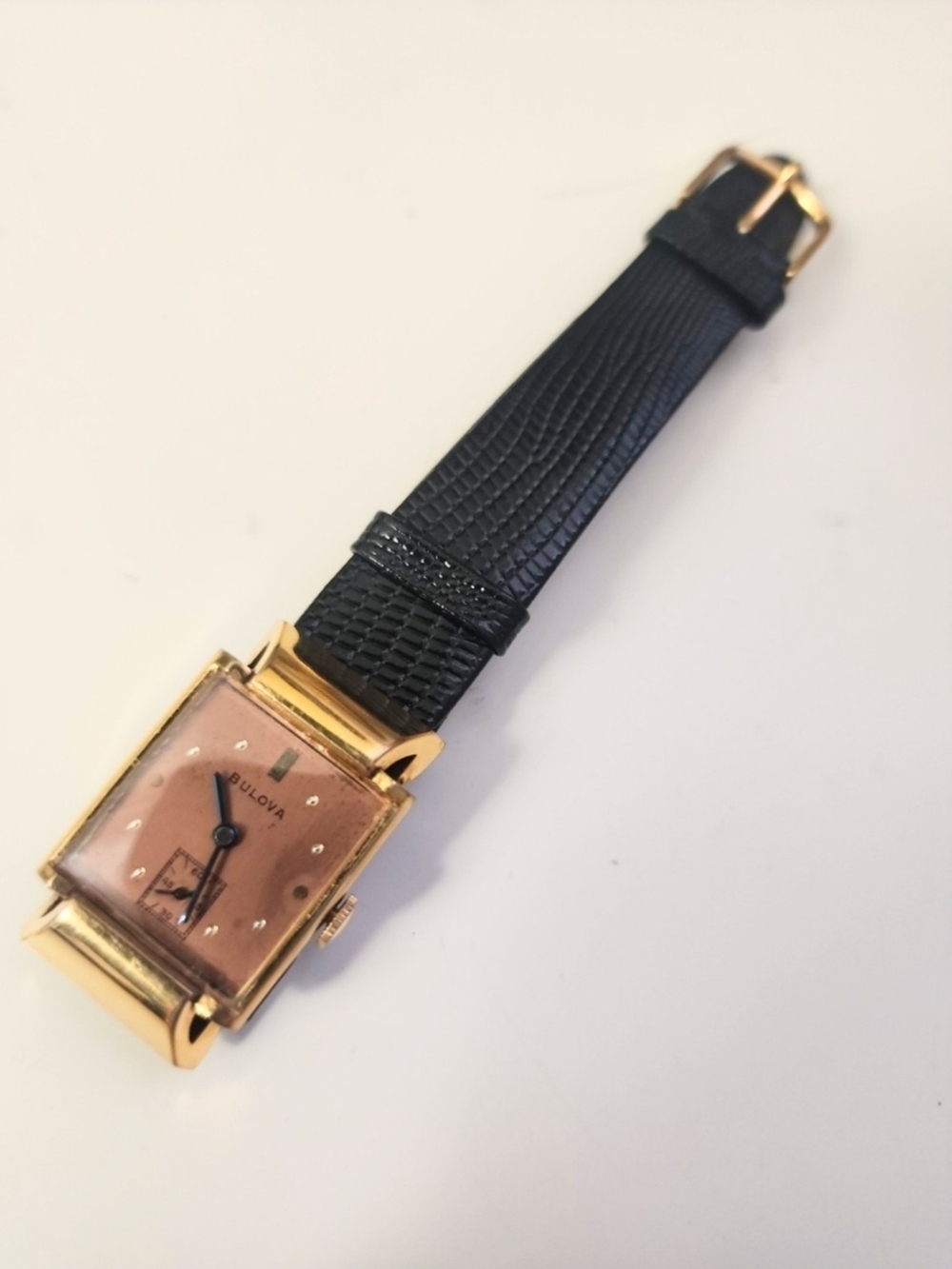 Bulova Gold-Tone Square Watch with Black Lizard Strap